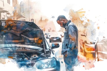 Poster - A man standing next to a car with its hood open, suitable for use in an automotive or repair context