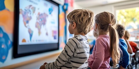 Poster - Young children in a classroom attentively watching educational content on a large screen
