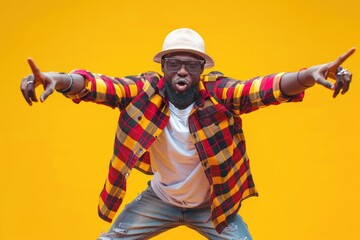 A person in a plaid shirt and hat strikes a dance pose, ready to get moving