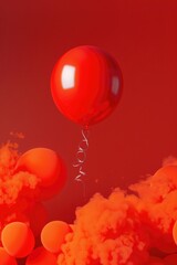 Poster - A red balloon soaring through the sky amidst orange clouds, perfect for illustrations and designs related to freedom, adventure, or whimsy