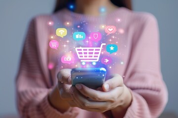 Digital buyer: customer engaging in social media shopping via mobile phone, fusion of social networking with e-commerce, emphasizing ease, accessibility, contemporary shopping landscape.