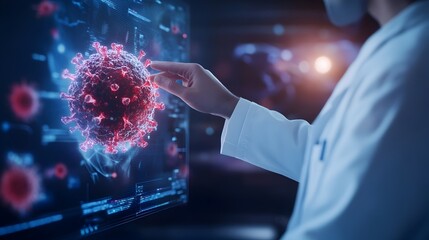 Poster - Scientist in Lab Coat Interacting with Digital Screen Displaying and Virus Data Models