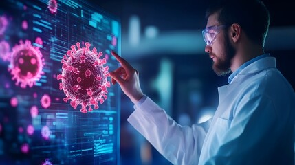 Poster - Scientist Analyzing Intelligence and Virus Simulation Models on Digital Screen in Dynamic Laboratory