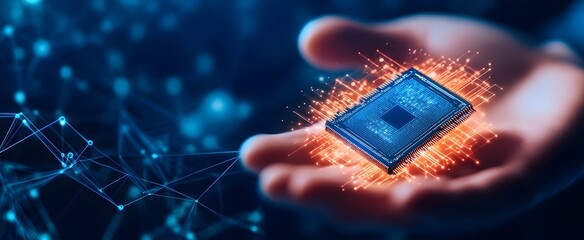 Poster - digital hand holding computer chip with flowing data connections representing technology