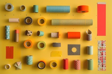 Poster - A colorful tape collection on a bright yellow background, ideal for use in crafting or design projects