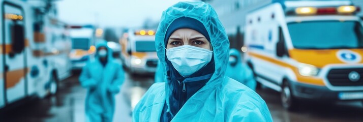 Aufkleber - Medical staff in protective gear coordinate efforts amidst rows of ambulances and hospital buildings during a disease outbreak. Generative AI
