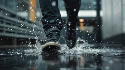 Aufkleber - A person walking in the rain on a city sidewalk, possibly rushing or lost