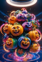 Playful smiling halloween pumpkins. They play fun games in scenes suspended in the air.