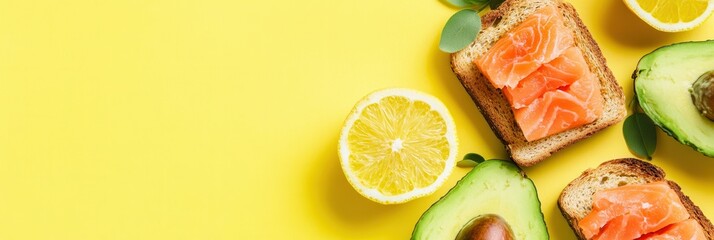 Aufkleber - Start your day with a nutritious breakfast of avocado toast topped with salmon, complemented by fresh citrus slices, all on a bright yellow backdrop. Generative AI