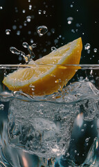 A slice of lemon dropped in large glass of gin tonic, splash, bubbles, flying droplets, ice cubes, swirl,