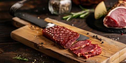 a slice of meat displayed on a wooden cutting board with a knife