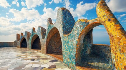 Mosaic tiled wavy arches in bright sunlight with sky and clouds