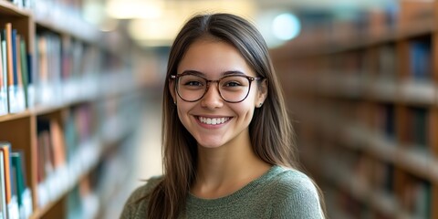 Poster - Happy Woman Student Headshot in University Library - Beautiful, Professional Portrait of College Female 