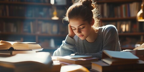 Poster - Portrait of a young female student preparing for exams in a library Determined student studying diligently in a library, surrounded by books and notes.