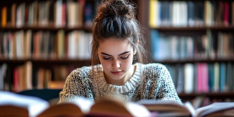 Wall Mural - Portrait of a young female student preparing for exams in a library Determined student studying diligently in a library, surrounded by books and notes.