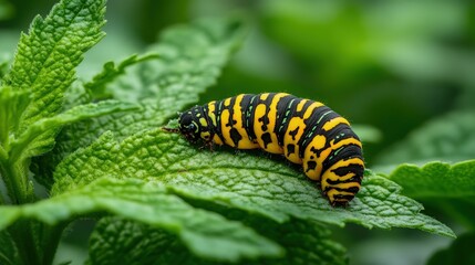 Close-up of a caterpillar on a leaf, vibrant green, garden background