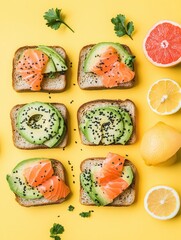 Aufkleber - Enjoy a colorful breakfast spread of avocado toast topped with salmon and fresh citrus fruits arranged beautifully on a yellow backdrop. Generative AI