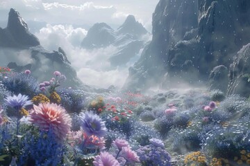 Poster - Mountain scenery with a field of colorful flowers in the foreground, suitable for use as a wallpaper or in travel brochures