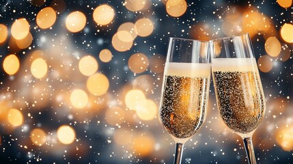 Two sparkling champagne glasses clink together against a festive background of golden lights and falling snowflakes.