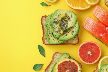 Aufkleber - A vibrant breakfast spread features creamy avocado toast, slices of fresh salmon, and colorful citrus fruits on a cheerful yellow backdrop. Generative AI
