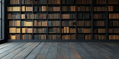 Poster - dark black library wall with many books, empty wooden floor