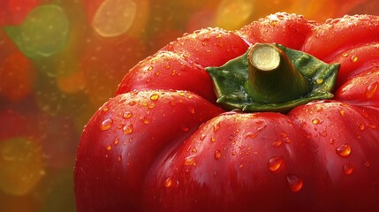 Close-up of a freshly harvested organic bell pepper, glossy red surface, soft natural light