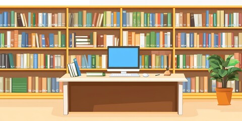 Wall Mural - Workplace with a not book on the desk, and bookshelf in the library Background. 