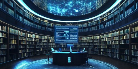 Poster - Modern Digital Library Room with Virtual Assistant Displaying International Case Law for Efficient Research 