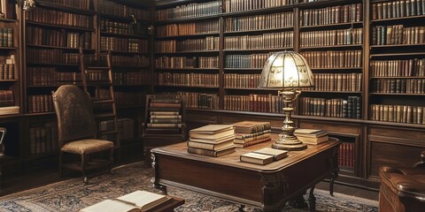 Poster - A stately library filled with rows of leather-bound books and antique furniture, the scent of old paper mingling with the quiet hum of intellectual pursuit