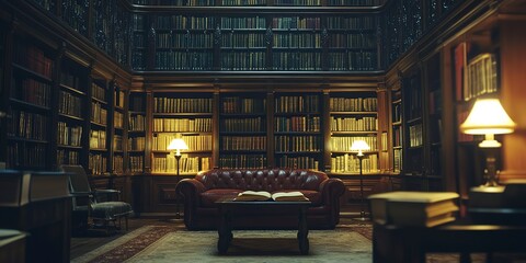 Poster - A cozy storytelling session in a historic library filled with ancient manuscripts, Storyteller captivating listeners under soft lamplight