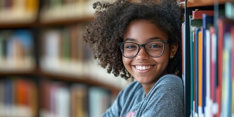 Poster - Young smiling girl student leaning against a library bookshelf. 