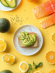 Aufkleber - Enjoy a nutritious breakfast featuring creamy avocado toast topped with slices, fresh salmon, and vibrant citrus on a cheerful yellow backdrop. Generative AI