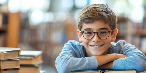 Poster - Smiling boy with glasses leaning on book stacks indoors. 