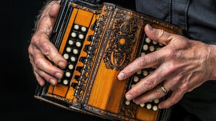 close-up of a manâ€™s hands playing the accordion, traditional tune, cultural festival background