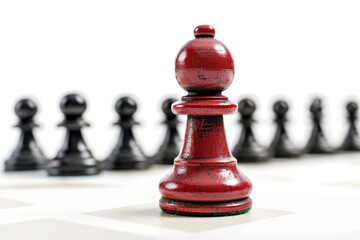 Poster - A close-up shot of a red chess piece sitting on a wooden chess board