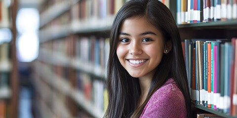 Canvas Print - Young smiling girl student leaning against a library bookshelf. 