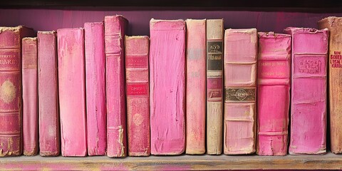 Poster - texture. a shelf of old pink books. retro background, library archive 