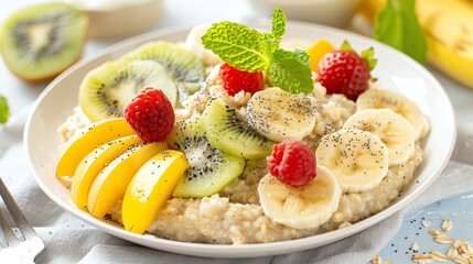 Wall Mural - Healthy breakfast with oatmeal, kiwi, peach, banana, and raspberries.