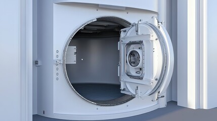 Close-up of a wind turbine, base visible, maintenance hatch open, clear sky