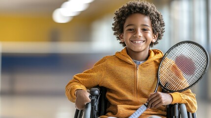 Close-up of a young boy in a wheelchair, holding a tennis racket, smiling, indoor court