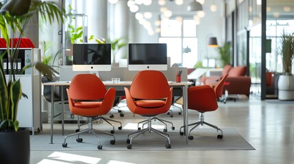 Poster - Three orange office chairs in front of desks with computers.