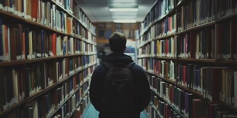 Sticker - Man walking down a library aisle with books 