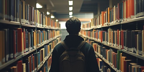 Wall Mural - Man walking down a library aisle with books 