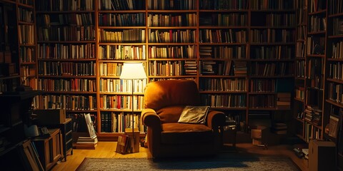 Sticker - A cozy home library with floor-to-ceiling bookshelves, a comfortable armchair, and a reading lamp casting a warm glow 