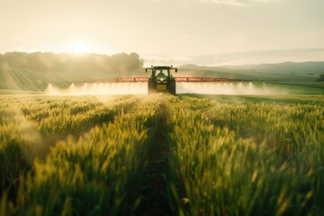 Poster - Agricultural equipment spraying a field with crops