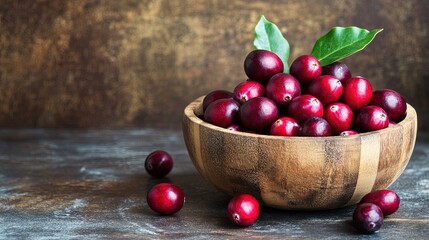 Wall Mural - Close-up of fresh organic cranberries, bright red, wooden bowl, soft focus background