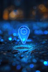 Fototapete - A small blue map marker on a dark surface