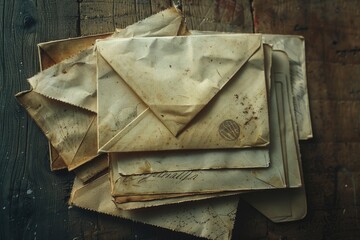 Wall Mural - A stack of vintage correspondence on a rustic wood surface