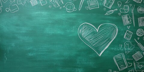 Sticker - Green blackboard background with a doodle of school icons and a heart shape. Copy space area. Teachers day. Back to school. Student day 