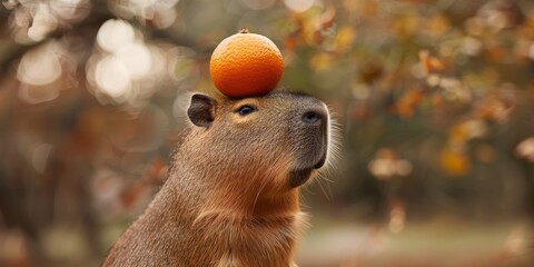 Capybara balancing an orange on its head